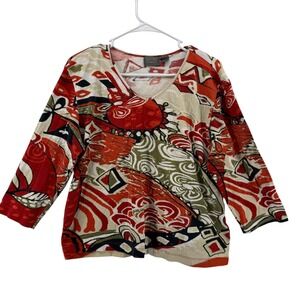 Additions by Chicos V Neck 3/4 Sleeve Red Black Cream Abstract Print Top‎ Size 3